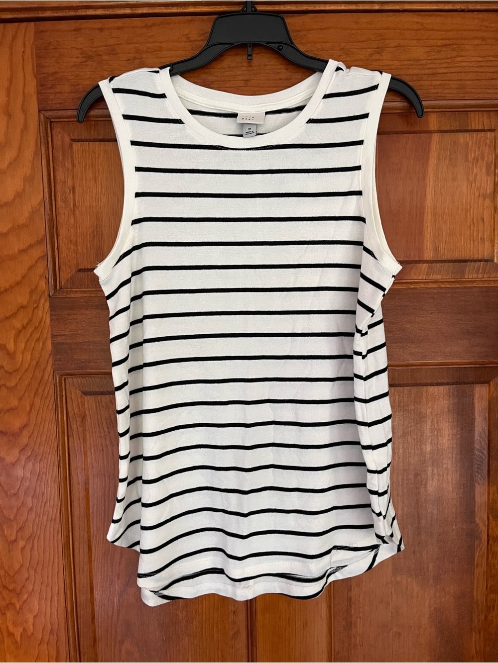 a new day White Tank Top with Black Stripes